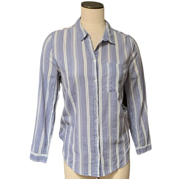 H&M Divided Womens Sz 8 Cotton Button Front Blouse Blue White Stripe 201K - Picture 2 of 8